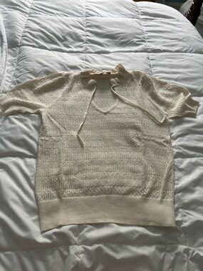 LOFT Cream Knit Short-Sleeve Crewneck Sweater with ruffle detail